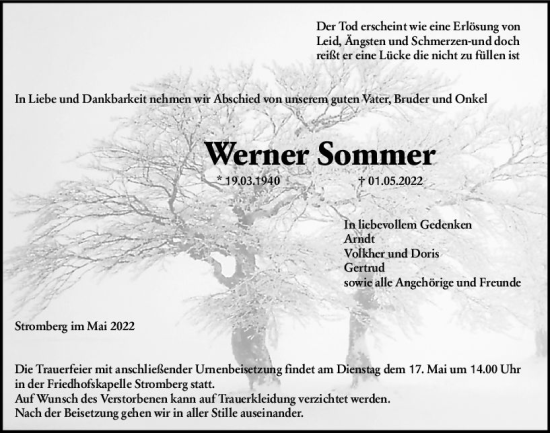 Traueranzeige von Werner Sommer von vrm-trauer Allg. Zeitung Bad Kreuznach