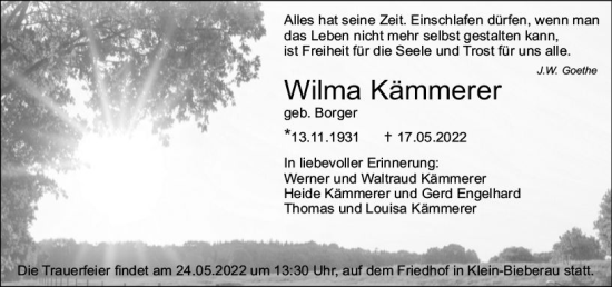 Traueranzeige von Wilma Kämmerer von vrm-trauer Bergsträßer Anzeiger
