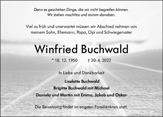 Traueranzeige von Winfried Buchwald von vrm-trauer Rüsselsheimer Echo / MainSpitze