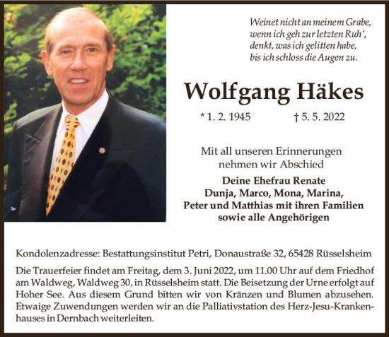 Traueranzeige von Wolfgang Häkes von vrm-trauer Rüsselsheimer Echo / MainSpitze