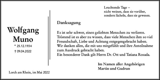 Traueranzeige von Wolfgang Muno von vrm-trauer Wiesbadener Kurier