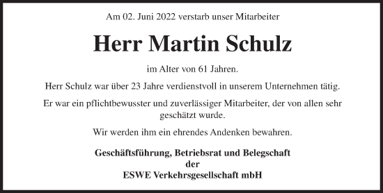 Traueranzeige von Martin Schulz von vrm-trauer Wiesbadener Kurier