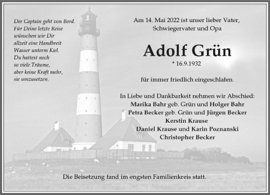 Traueranzeige von Adolf Grün von vrm-trauer Wiesbadener Kurier