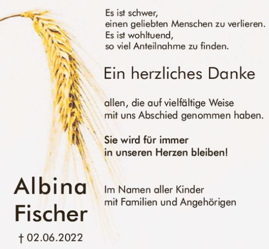 Traueranzeige von Albina Fischer von vrm-trauer Bürstädter/Lamperth. Ztg/Starkenburger