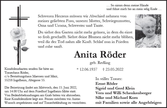 Traueranzeige von Anita Röder von vrm-trauer Allgemeine  Zeitung Ingelheim-Bingen