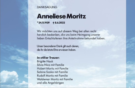 Traueranzeige von Anneliese Moritz von vrm-trauer Hochheimer Zeitung