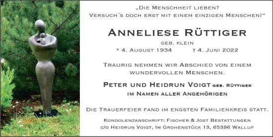 Traueranzeige von Anneliese Rüttiger von vrm-trauer Wiesbadener Kurier