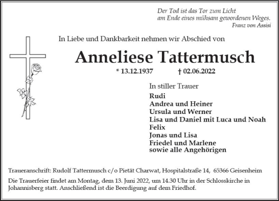 Traueranzeige von Anneliese Tattermusch von vrm-trauer Rheingau