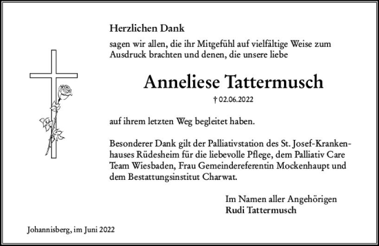 Traueranzeige von Anneliese Tattermusch von vrm-trauer Rheingau