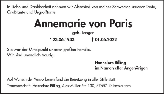 Traueranzeige von Annemarie von Paris von vrm-trauer Wiesbadener Kurier