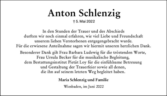 Traueranzeige von Anton Schlenzig von vrm-trauer Wiesbadener Kurier