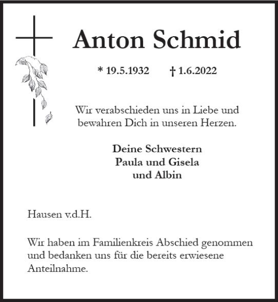 Traueranzeige von Anton Schmid von vrm-trauer WK-UTA