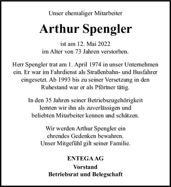 Traueranzeige von Arthur Spengler von vrm-trauer Odenwälder Echo