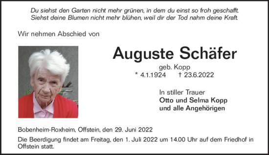 Traueranzeige von Auguste Schäfer von vrm-trauer Wormser Zeitung
