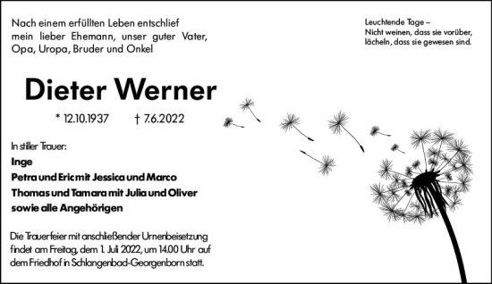 Traueranzeige von Dieter Werner von vrm-trauer Wiesbadener Kurier
