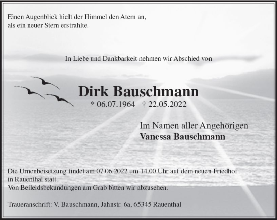 Traueranzeige von Dirk Bauschmann von vrm-trauer Rheingau