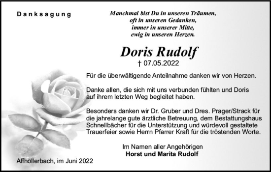 Traueranzeige von Doris Rudolf von vrm-trauer Odenwälder Echo