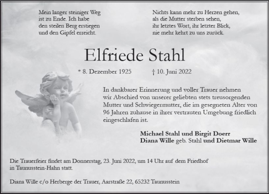 Traueranzeige von Elfriede Stahl von vrm-trauer Wiesbadener Kurier