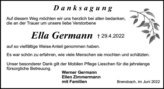 Traueranzeige von Ella Germann von vrm-trauer Odenwälder Echo