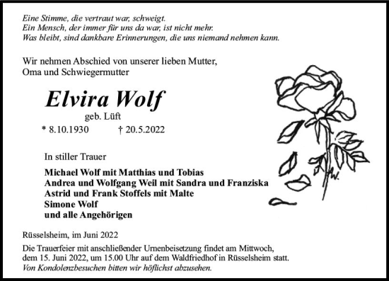 Traueranzeige von Elvira Wolf von vrm-trauer Rüsselsheimer Echo / MainSpitze