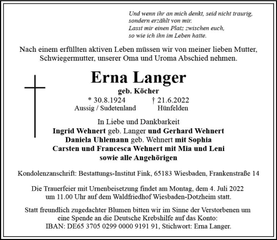 Traueranzeige von Erna Langer von vrm-trauer Wiesbadener Kurier