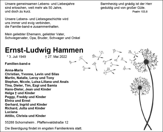 Traueranzeige von Ernst-Ludwig Hammen von vrm-trauer Allgemeine Zeitung Alzey
