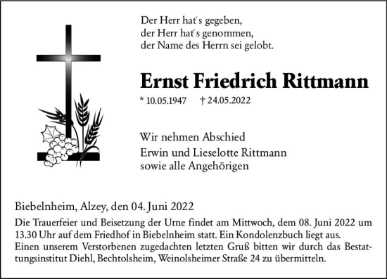 Traueranzeige von Ernst Friedrich Rittmann von vrm-trauer Allgemeine Zeitung Alzey