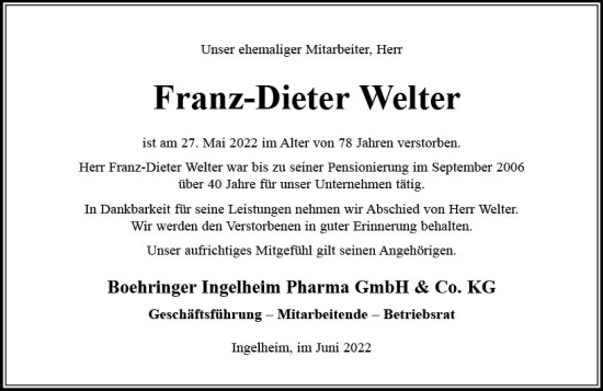Traueranzeige von Franz-Dieter Welter von vrm-trauer Allgemeine  Zeitung Ingelheim-Bingen