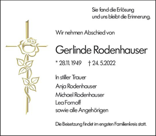 Traueranzeige von Gerlinde Rodenhauser von vrm-trauer Odenwälder Echo