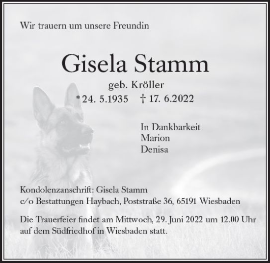 Traueranzeige von Gisela Stamm von vrm-trauer Wiesbadener Kurier