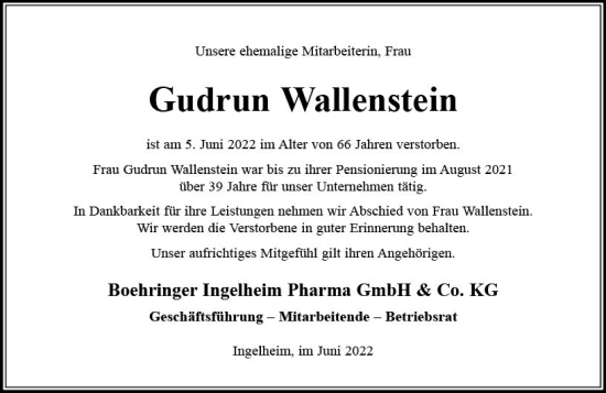 Traueranzeige von Gudrun Wallenstein von vrm-trauer Allgemeine  Zeitung Ingelheim-Bingen