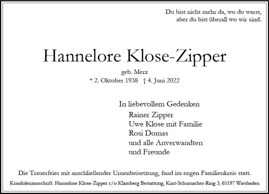 Traueranzeige von Hannelore Klose-Zippen von vrm-trauer Wiesbadener Kurier