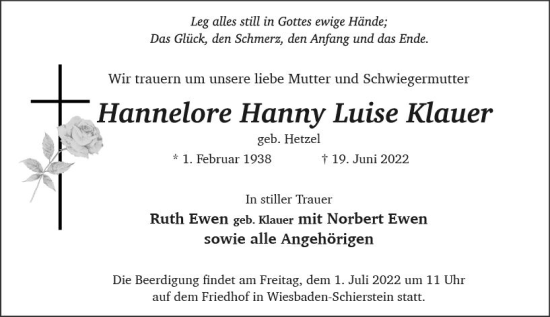Traueranzeige von Hannelore Hanny Luise Klauer von vrm-trauer Wiesbadener Kurier