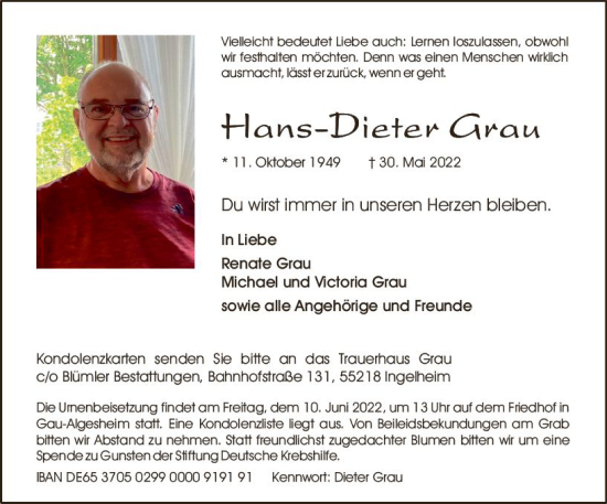 Traueranzeige von Hans-Dieter Grau von vrm-trauer Allgemeine  Zeitung Ingelheim-Bingen