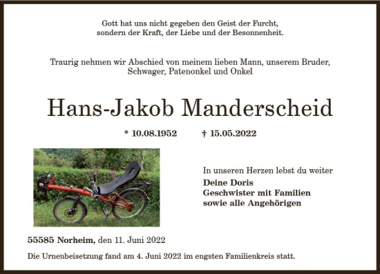 Traueranzeige von Hans-Jakob Manderscheid von vrm-trauer Allg. Zeitung Bad Kreuznach