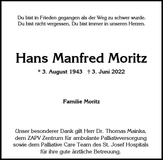 Traueranzeige von Hans Manfred Moritz von vrm-trauer Wiesbadener Kurier