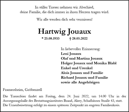 Traueranzeige von Hartwig Jouaux von vrm-trauer Allgemeine Zeitung Alzey