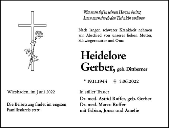 Traueranzeige von Heidelore Gerber von vrm-trauer Wiesbadener Kurier