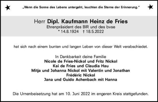Traueranzeige von Heinz de Fries von vrm-trauer Hochheimer Zeitung