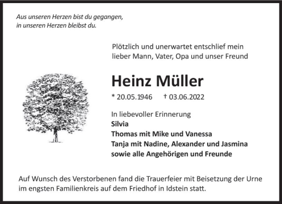 Traueranzeige von Heinz Müller von vrm-trauer Idsteiner Zeitung