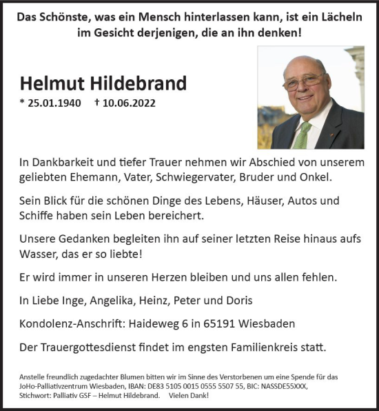 Traueranzeige von Helmut Hildebrand von vrm-trauer Wiesbadener Kurier