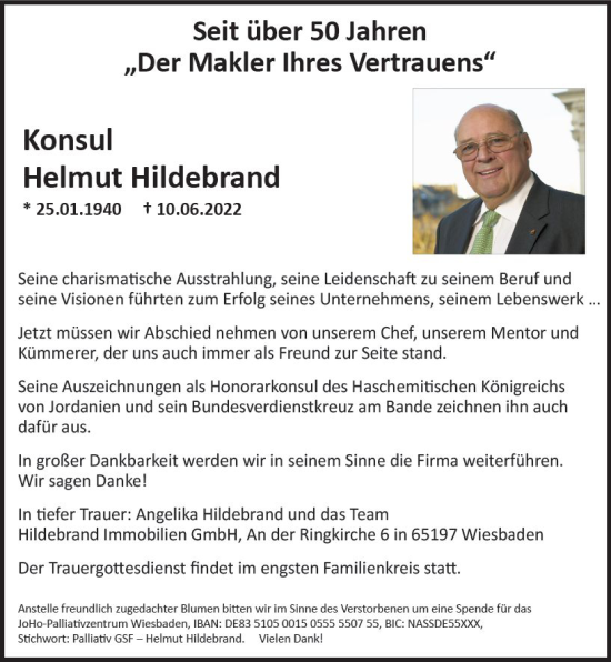 Traueranzeige von Helmut Hildebrand von vrm-trauer Wiesbadener Kurier