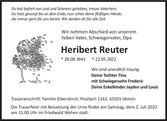Traueranzeige von Heribert Reuter von vrm-trauer Idsteiner Zeitung