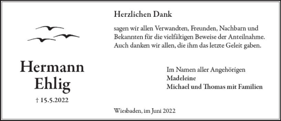 Traueranzeige von Hermann Ehlig von vrm-trauer Wiesbadener Kurier
