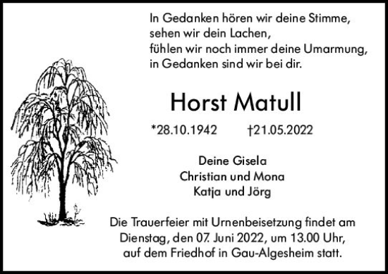 Traueranzeige von Horst Matull von vrm-trauer Allgemeine  Zeitung Ingelheim-Bingen