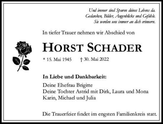 Traueranzeige von Horst Schader von vrm-trauer Darmstädter Echo