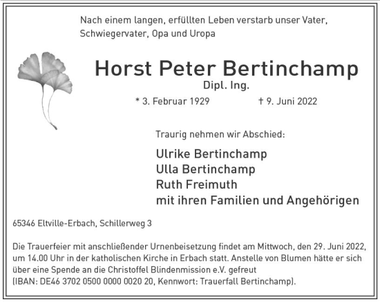 Traueranzeige von Horst Peter Bertinchamp von vrm-trauer Wiesbadener Kurier