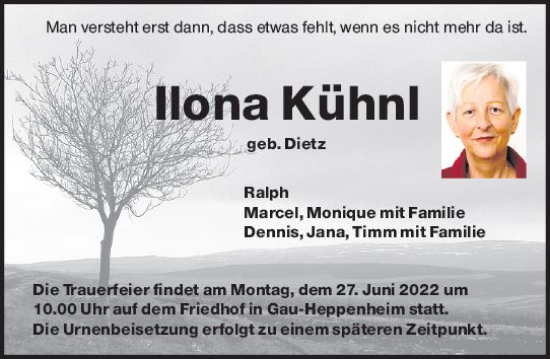Traueranzeige von Ilona Kühnl von vrm-trauer Allgemeine Zeitung Alzey