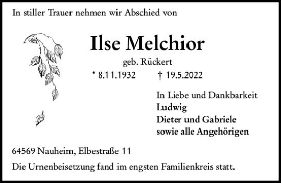 Traueranzeige von Ilse Melchior von vrm-trauer Groß-Gerauer Echo
