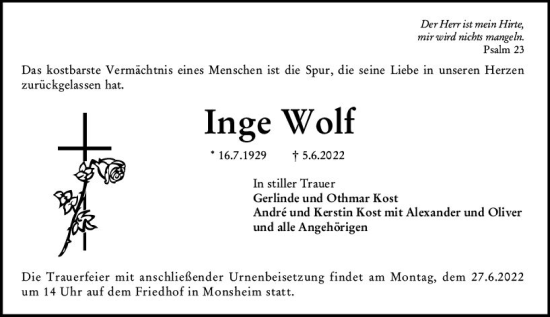 Traueranzeige von Inge Wolf von vrm-trauer Wormser Zeitung